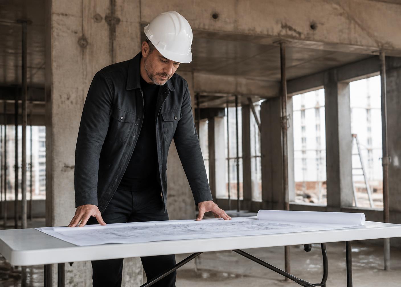 Engenheiro conferindo projeto executivo no canteiro de obras